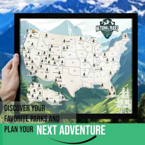 flinelife National Parks Map With Wooden Pine Tree Pins, 12X10, National Park Bucket List Cork Map, Perfect for National Parks Lovers, Hiker, Couples and Families Gift