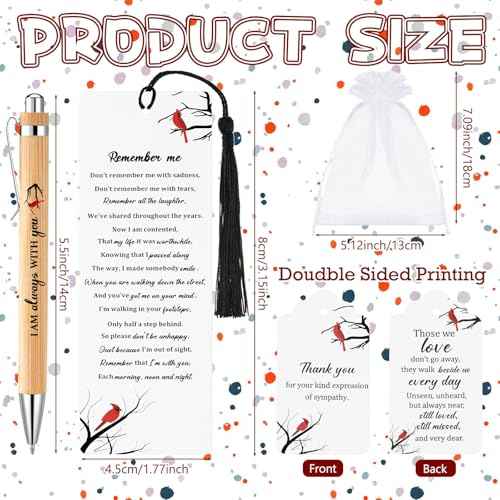 200 Pcs Cardinal Funeral Gifts Celebration of Life Gifts Set Memorial Decorations for Sympathy Include 50 Ballpoint Pens 50 Bookmark 50 Poem Cards and 50 Organza Bags