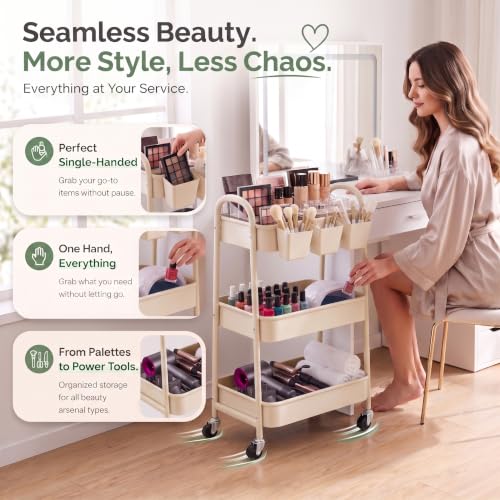 Osivaex Light Beige 3-Tier Metal Rolling Cart with Wheels, Includes Cups & Hooks