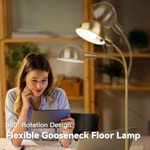 Dimmable Floor Lamp with Flexible Gooseneck and Rotatable Shade, Modern Style Standing Tall Lamp, E26 Socket, LED Reading Lamp (Gold)