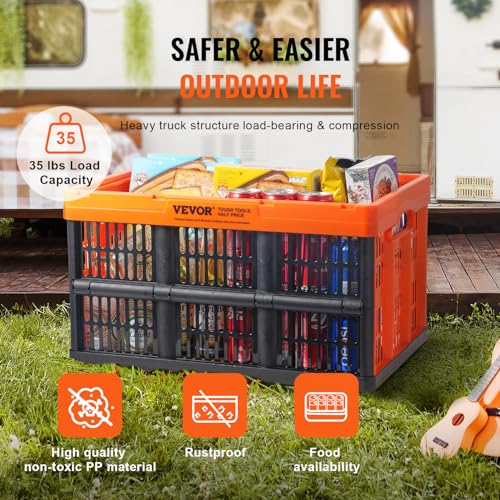 VEVOR 45L Orange & Black Collapsible Storage Basket - Folding Plastic Crate, Pack of 3