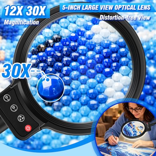 Black 30X-12X Magnifying Glass with Light & Stand, 5-Inch HD Lens
