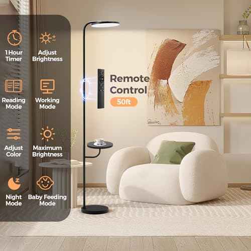 Floor Lamp with Table & Shelves,LED Stepless Dimmable Torchiere with Remote & Touch Control, 350¡Æ Rotating Head Reading Floor Lamp for Living Room, Bedroom, Office