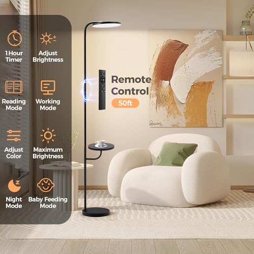 36W LED Floor Lamp with Table & Shelves, Minimalist Stepless Dimmable Torchiere with Dual Control (Remote & Touch), 350¡ÆRotating Head Reading Floor Lamp for Living Room, Bedroom, Office