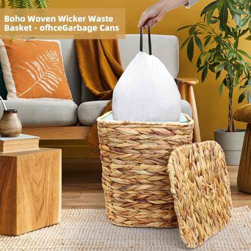 3 Gallons Wicker Waste Basket Can with Lid & Liner, Handwoven Wastebasket Wastepaper Basket with 60Pcs Bag, Wicker Trash Garbage Rubbish Can Bin Basket for Bedroom Bathroom Kitchen Office