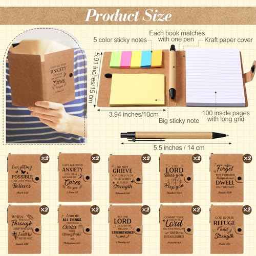 Thenshop 20 Sets Christian Gift Bulk Scripture Notebook Bible Verse Pen Religious Ballpoint Pen Sticky Note for Women Men, Church, Sunday School, Operation Christmas, Vbs, Pastor, Thanksgiving(Brown)