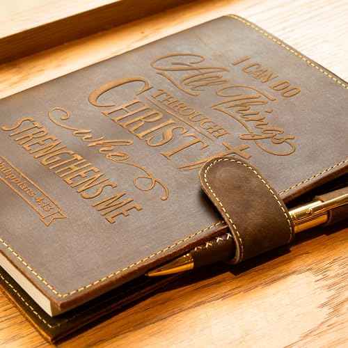 Sovereign-Gear Religious Refillable Leather Journal - Handmade A5 Writing Notebook with Pen - Philippians 4:13 ¡°I Can Do All Things¡± Embossed Diary with 2 Lined Inserts & Pen Holder - 480 Pages