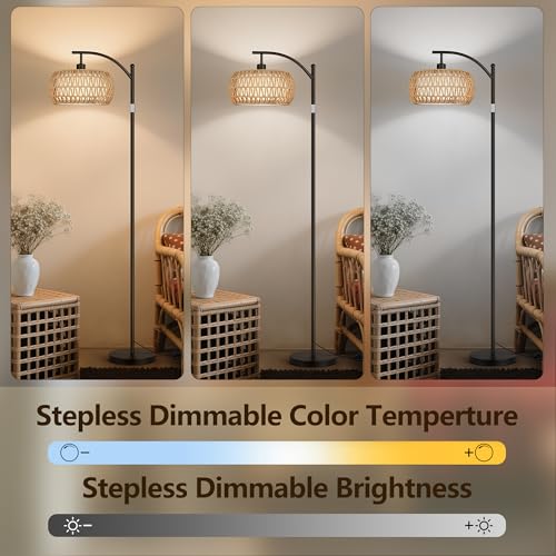 ROTTOGOON Rattan Floor Lamps for Living Room, Boho Standing Lamps with Rattan& Linen Double Shades, Arc Lamps Floor Standing with 9W Bulb, Foot Switch, Bohemian Floor Lamps for Bedroom, Office-Black