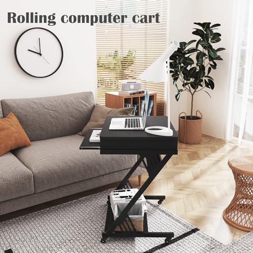 ALISENED Computer Desk for Small Spaces,23.6" Z-Shaped Compact Study Table with Smooth Keyboard Tray,with Wheels and Bottom Shelves for Home Office£¬Computer Cart Mobile Laptop Cart