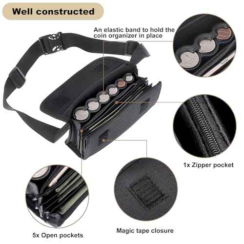 BSTKEY 2 Pack US Coin Holder Coin Dispenser, Fanny Pack with Banknote Waiters Purse Coin Sorter Coin Organizer, Black Coin Storage Bag with Belt for Waitress Server Collector Cashier Change