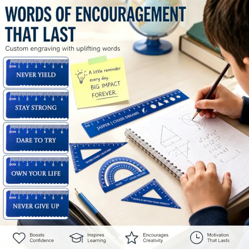 Blue Personalized Aluminum Geometry Set with Custom Engraved Name - 20cm Ruler, 7cm & 10cm Triangle Rulers, 180° Protractor, Back to School Gift