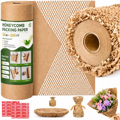 QUALTIPOPER Honeycomb Packing Paper 18in x 200ft Recyclable Kraft Wrap - Stretchable & Eco-Friendly Packing Material
