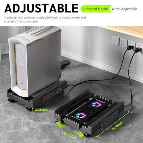 CABTE Black Computer Tower Stand with Charging Station & Cooling System