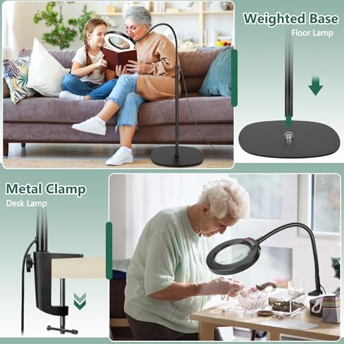 10X Magnifying Glass with Light and Stand, 24" Flexible Gooseneck 3-in-1 LED Floor Lamp, Optical-Grade Real Glass Lens, 5 Color Modes Stepless Dimmable, Lighted Magnifier Hands Free for Close Work