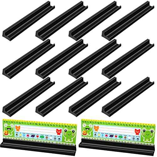 Teling 12 Pieces Name Plates Holder for Desk Self Adhesive and Removable Nameplate Stand with Pen Holder Black Plastic Name Tag Display with Adhesive Grip for Classroom School,1.5 x 12 x 1 Inch