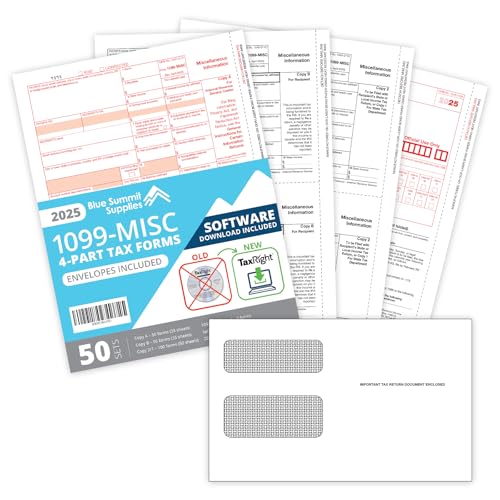 2025 1099 MISC Forms with TaxRight Software (Formerly Known as TFP), 50 Vendor Kit of Laser Forms, Designed for QuickBooks, TaxRight Download and 50 Self Seal Envelopes Included
