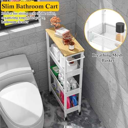 Utility Slim Storage Cart, 4 Tier Small Rolling Kitchen Laundry Room Cart with Wood Top, Metal Narrow Bathroom Storage Cabinet Mobile Shelf Unit Organizer Trolley with Handle for Narrow Space