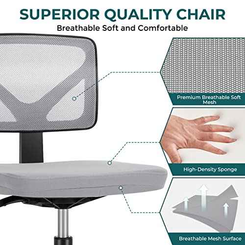 DUMOS Armless Desk Chairs, Cute Home Office Chair No Arms with Wheels, Ergonomic Adjustable Swivel Rolling Task Chair, Comfy Mesh Mid Back Computer Work Vanity Chair for Small Spaces, Light Grey