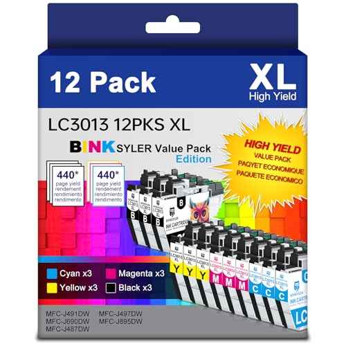 12-Pack LC3013 BK/C/M/Y Ink Cartridges, High Yield Compatible for Brother LC-3013 LC3013XL LC3011 Work for MFC-J491DW MFC-J497DW MFC-J487DW MFC-J690DW MFC-J895DW Printer (3BK/3C/3M/3Y)