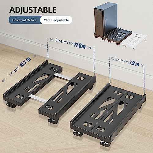 Adjustable Mobile CPU Stand, Ventilated Computer Tower Stand with 4 Caster Wheels Fits Most PC Tower, Under Desk CPU Holder PC Floor Cart Computer Riser for Gamers and Students (Black)