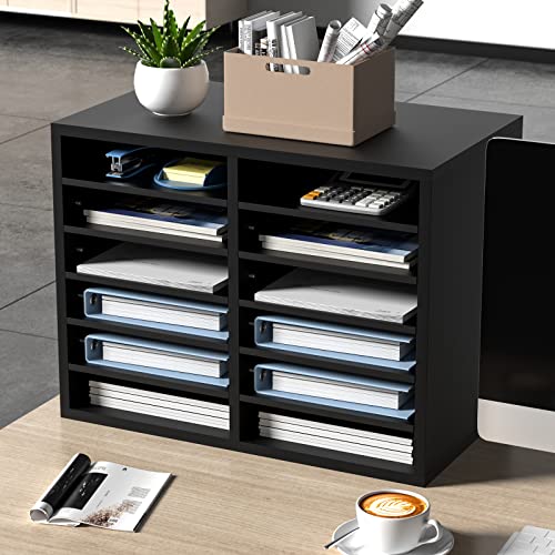 VEVOR Black 12-Compartment Wooden Literature Organizer with Adjustable Shelves