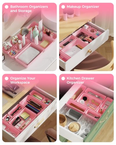 BiuLeon 25PCS Pink Plastic Drawer Organizer Set for Makeup & Jewelry Storage