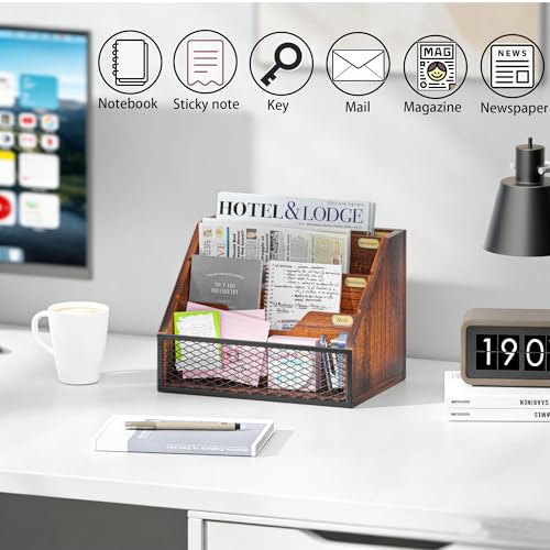 Yelinkws Brown Wooden 4-Slot Mail Organizer for Desktop & Wall