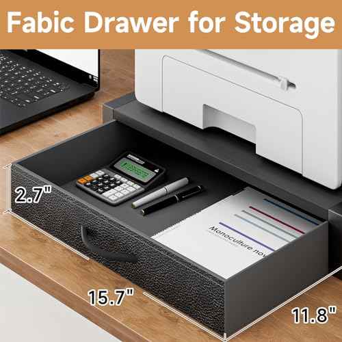 YAOHUOO 2-Tier Desktop Printer Stand with Fabric Drawer, Prtiner Table with Storage Shelf, Desk Organizer for Home Office,3D Printer,Fax Machine,Scanner, 17.3"x11.8" Black