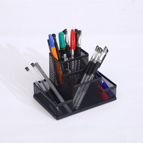 koofull 2 Packs Desk Organizer Desktop Mesh Pen Pencil Holder Caddy with 4 Compartments, Office Home School Classroom Accessories Cool Supplies (2Pcs Black)
