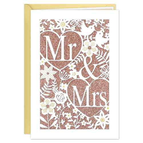 D24TIME Wedding Card for Bride and Groom - Elegant Die-Cut Floral and Birds Design with Glitter Champagne Gold - Personalized Wedding Congratuations Card with Envelope and Sticker 5.5x8in