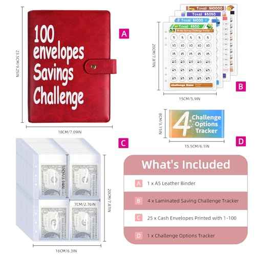 100 Envelopes Money Saving Challenge Binder, Fun and Easy Savings System to Save $5,050, $10,000, $500, $1,000, A5 Budget Binder Planner Book Tracker with Cash Envelopes, Guide (Red)