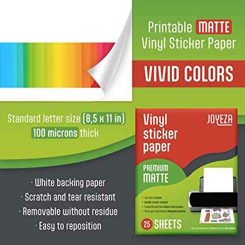 JOYEZA Premium Printable Vinyl Sticker Paper for Inkjet Printer - 25 Sheets Matte White Waterproof, Dries Quickly Vivid Colors, Holds Ink well- Tear Resistant - Inkjet & Laser Printer