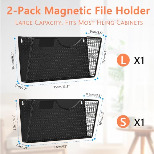 MFTEK Magnetic File Holder 2-Pack, Black - No-Drill Wall Mount, 13 lb Capacity