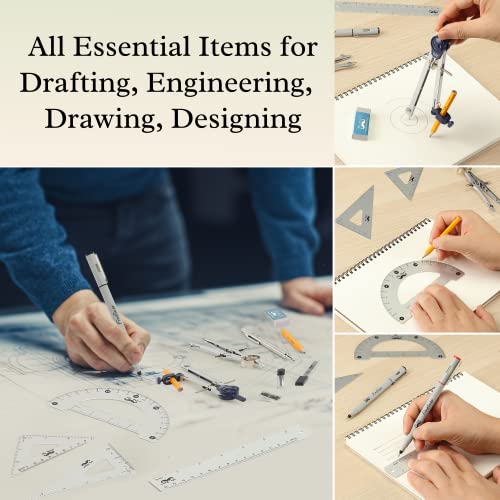 Silver Professional Geometry Set with Drafting Tools - 15 pcs for Students & Artists