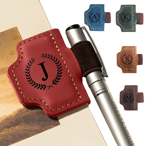 MOTEERLLU Bygone Mark Personalized Magnetic Leather Pen Holder Bookmark, Custom Bookmarks with Initial for Reading Women, Men, Teachers, Book Lovers Gifts£¨Red J£©