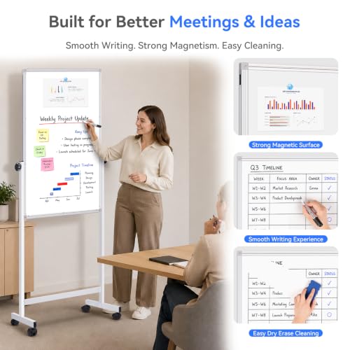 Maxtek White Magnetic Whiteboard on Wheels 44x28in Silver Adjustable Height