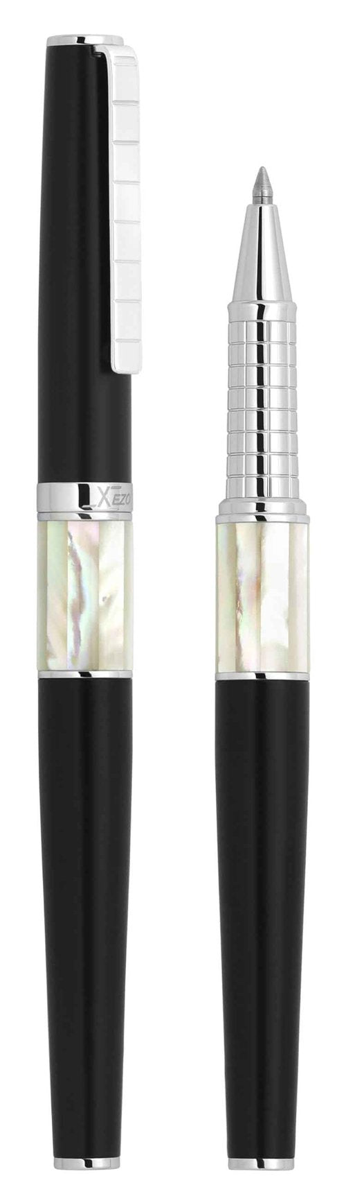 Xezo Speed Master Fine Rollerball Pen. Matte Black with White Mother of Pearl. Chrome Plated. Sporty Lightweight Brass Body. Each Unique