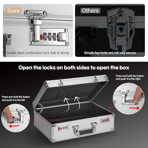 File Organizer Storage Box - 14.2 x 9.8 x 4.5 Inch Medium, Portable Locking Storage Totes with Dual Combination Locks, Lock Boxes for Personal Items, Cash, Briefcase - Silver