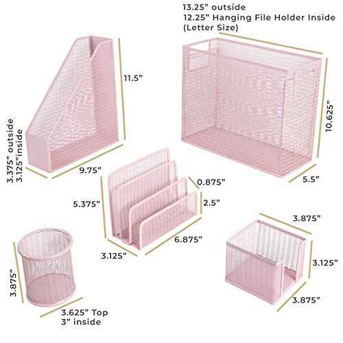 BLU MONACO 5 Piece Office Supplies Pink Desk Organizer Set - with Desktop Hanging File Organizer, Magazine Holder, Pen Cup, Sticky Note Holder, Letter sorter - Pink Desk Accessories for Women Office