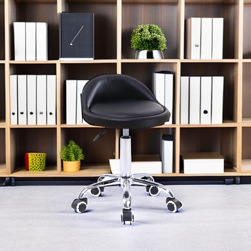 KKTONER Black PU Leather Adjustable Swivel Rolling Stool with Back Rest