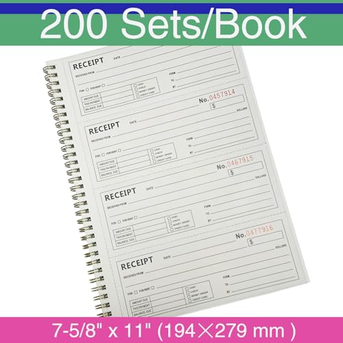 Dayvorax Money & Rent Receipt Book, 2-Part Carbonless, 200 Sets, 7-5/8 x 11, Wraparound Cover, Spiral Bound (Variation 1)