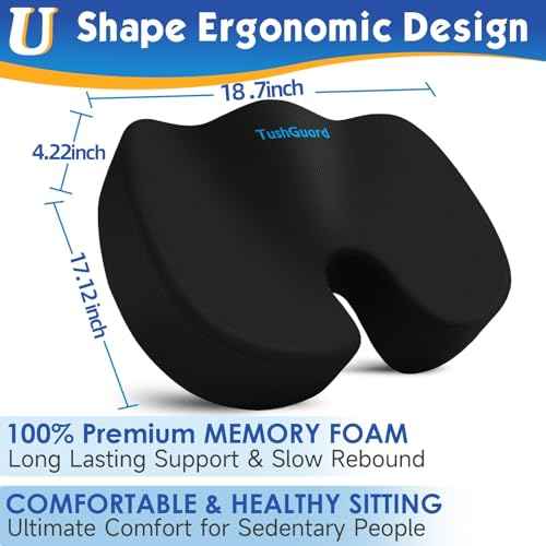 TushGuard Seat Cushion for Office Chair Memory Foam Non-Slip Cushion Back, Coccyx, Sciatica, Tailbone Pain Relief Butt Pillow for Office Chair, Car, Wheelchair, Black, XX-Large