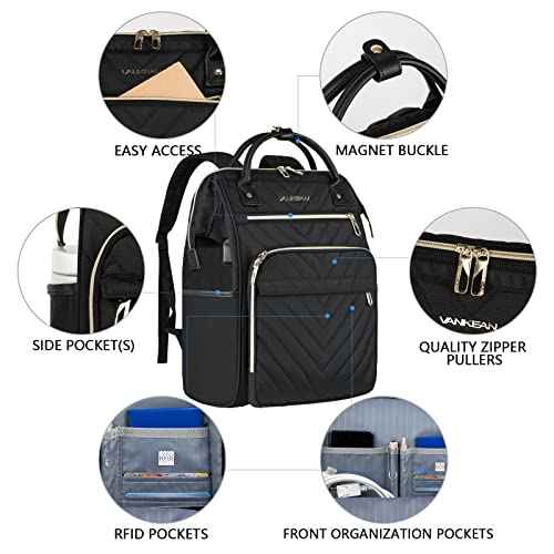 VANKEAN 17 Inch Laptop Backpack for Women Men Fashion Computer Work Bag, Large Capacity Waterproof Backpack with USB Port & RFID Pockets, College Daypack Business Travel, Black