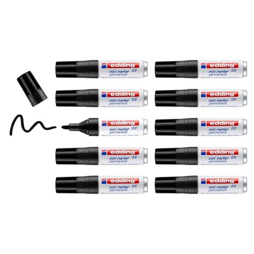 edding 0.5 mini permanent marker - black - 10 marker pens - fine round nib 1 mm - waterproof, quick-drying - smudge-proof - mini marker for cardboard, plastic, wood, metal, pebbles, canvas