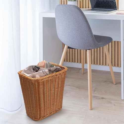Wicker Waste Basket, Hand Woven Trash Can, Imitation Rattan Garbage Basket for Bedroom, Bathroom, Kitchen, Living Room (Rectangular)