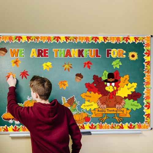 Thanksgiving Bulletin Board Decorations, 56pcs November Turkey Bulletin Board Decorations, We Are Thankful for Bulletin Boards, Fall Pumpkin Leaves Cutouts for Harvest Classroom Wall Supplies