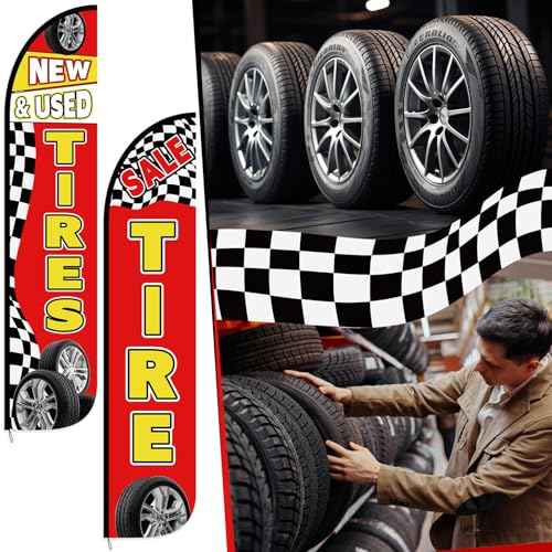 2 Pack 12 Feet Tire Sale King Flags New and Use Tires Shop Feather Flags for Businesses Highly Visible Weatherproof Polyester Banner Sale Advertising Sign No Flagpole Include(Fashionable)