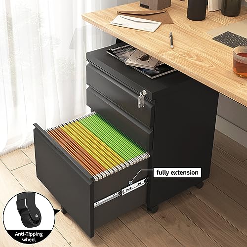 Approgreent 3-Drawer Mobile File Cabinet with Lock - Black, Under Desk Home Office Storage (Variation 02-a)