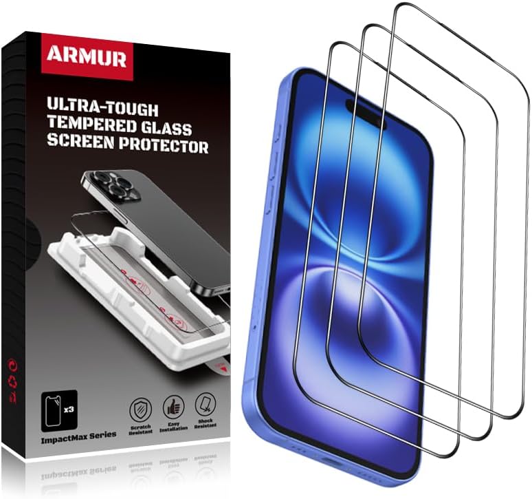 ARMUR ImpactMax 9H+ Tempered Glass Screen Protector 3-Pack for iPhone 16 6.1" – Crystal Clear, Full Edge Coverage, Military-Grade Protection, Easy Install Kit