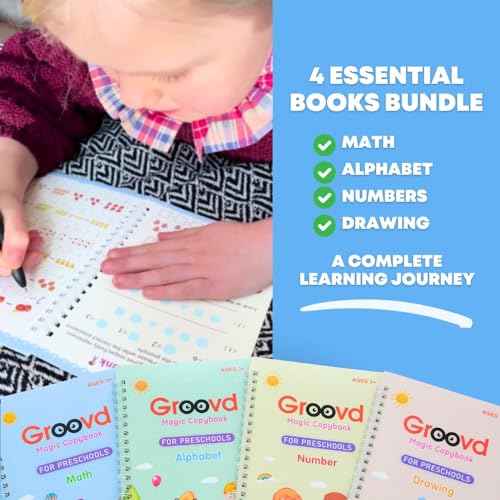 Children's Magic Copybooks - Reusable Grooved Writing Books for Kids - Handwriting Practice Workbooks, Calligraphy Learning Kit & Tracing Tools Set, 4 Books with Pen & Ink Refills (Ages 3-8)